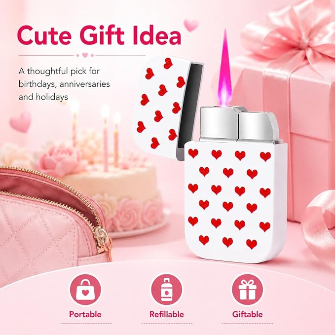 Pink Flame Torch Lighter Cute Heart Pattern Refillable Butane Windproof Pocket Lighter 60 × 35 × 11 mm Mini Portable Lighter for Women Candle BBQ Camping Kitchen Outdoor Use (Butane Not Included)