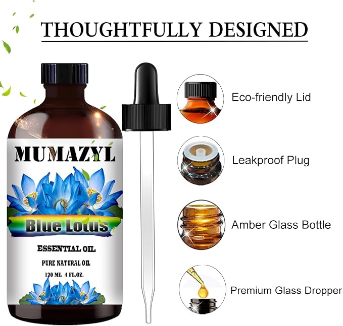 Blue Lotus Essential Oil, Blue Lotus Oil 4 Fl Oz 120ML for Diffuser Humidifier Yoga Cleaning DIY Candle Soap Making MUMAZYL Essential Oils