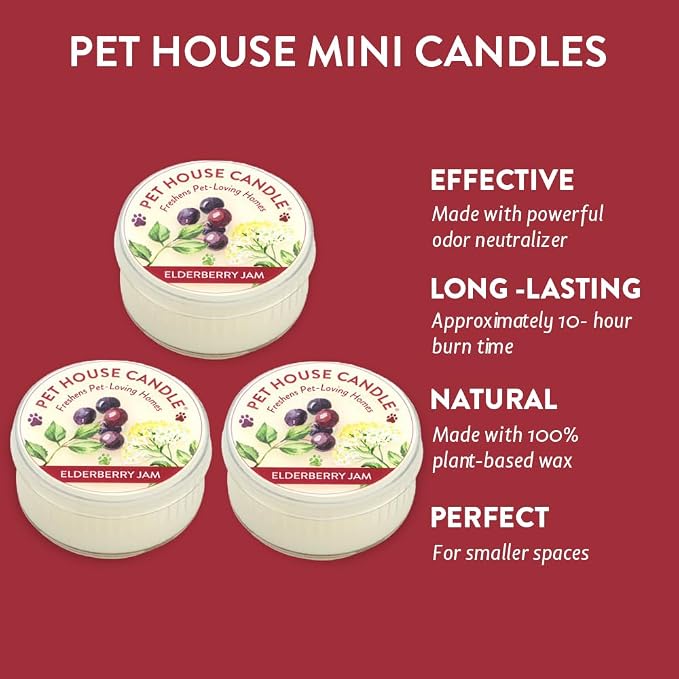 Pet House Mini Candles for Pet Odor Made with Natural Soy Wax, Plant Based, Dog and Cat Friendly Scented Candles, Elderberry Jam Pack of 3