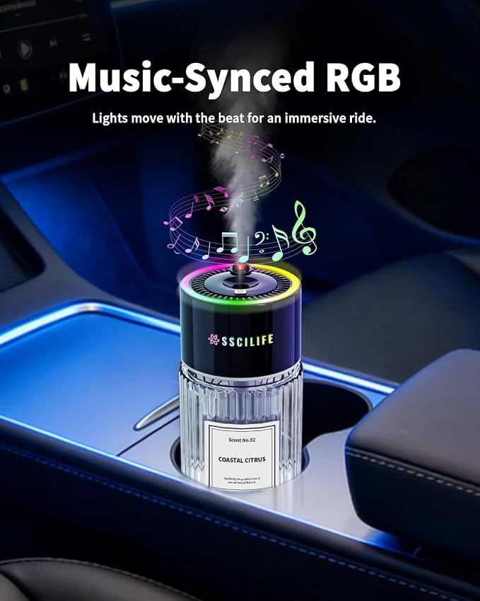 Smart Car Air Freshener Diffuser with Star Light, Auto On/Off Car Aroma Diffuser, 130ml Rechargeable Oil Freshener, Up to 130 Days Use, 4 Mist Modes, RGB Music Sync Light-Coastal Citrus