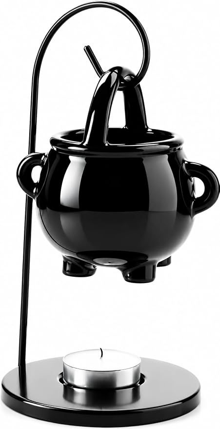 Hanging Pagan Cauldron Oil Burner, Black Wax Warmer Aroma Diffuser, with Handle, for Essential Fragrance Wax Melts, Enchanting Witches' Home Decor Element.