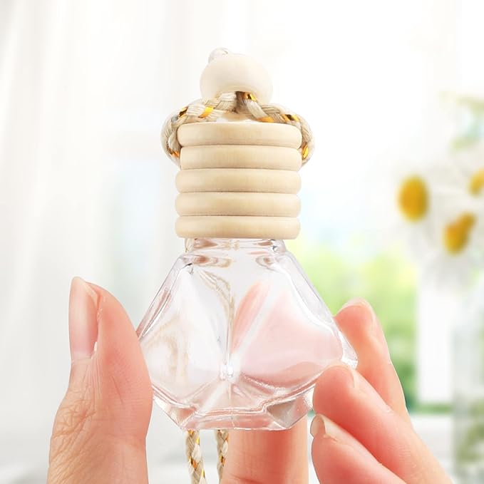 20 Pcs 8ml Hanging Car Air Freshener Diffuser,Empty Refillable Clear Glass Essential Diffuser Oil Aromatherapy Fragrance Perfume Pendant Vials with Wooden Caps & Hanging String