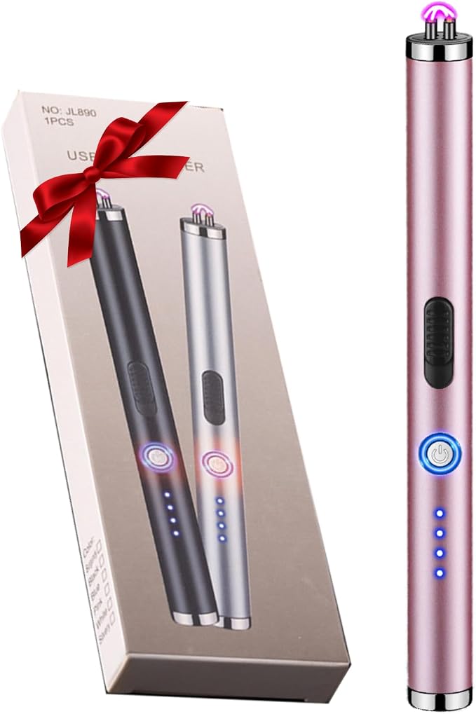 Elecrtic Lighter Rechargeable for Candle, Dual Arc Plasma Lighter with LED Battery Indicator, Windproof Flameless Lighter for Camping, BBQs, Fireworks, Kitchen Lighter Gift for Mother (Pink)