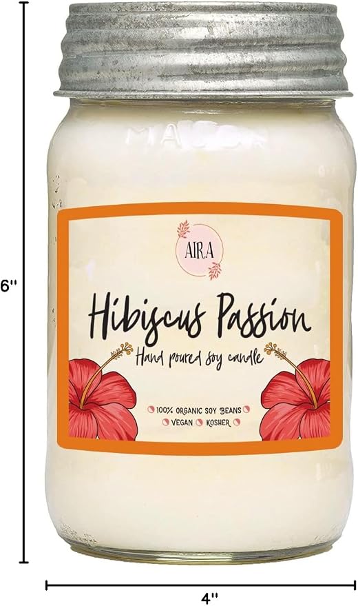 AIRA Soy Candles - Organic, Kosher, Vegan, in Mason Jar w/Therapeutic Grade Essential Oil Blends - Hand-Poured 100% Soy Candle Wax - Paraffin Free, Burns 110+ Hours - Hibiscus Passion -16 Ounces