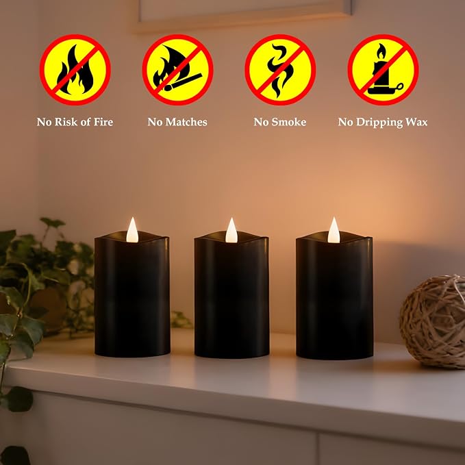 Black Pillar Flameless Candles - 3D Flickering, Remote Timer, Battery Operated, 600+ Hours, Halloween & Gothic Themed Decor (Black, 3"*4"-3pcs)