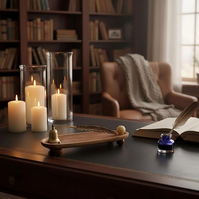 AIM & GGKK Vintage Bronze Feather Candle Snuffer Extinguisher - Long Handle with Bell-Shaped Cap, Decorative Candle Accessory for Smoke-Free Extinguishing