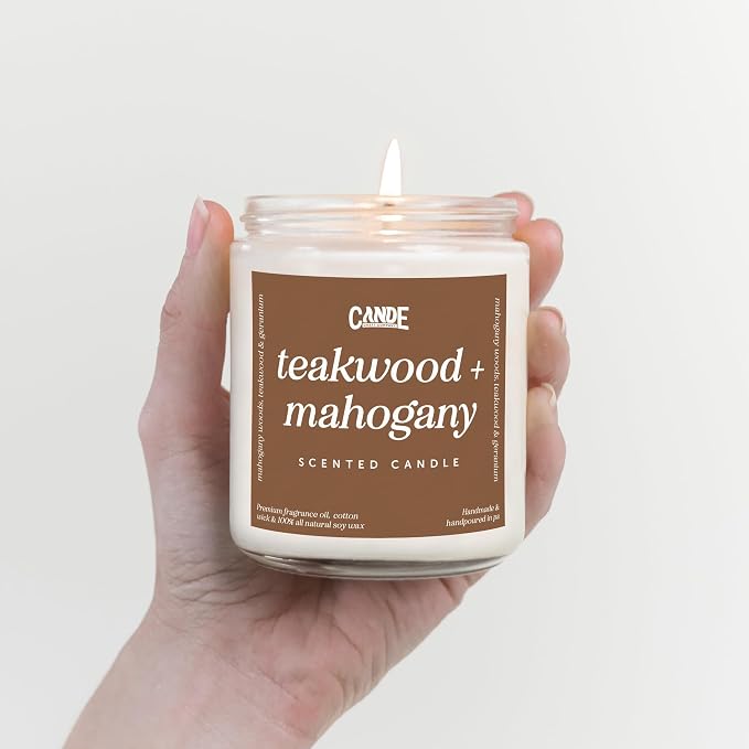Scented Soy Wax Candle for Home, Luxury Scented Soy Jar Candle, Hand Poured in The USA, Highly Scented & Long Lasting for Home, Mom, Women, Birthday Gift (Teakwood & Mahogany)