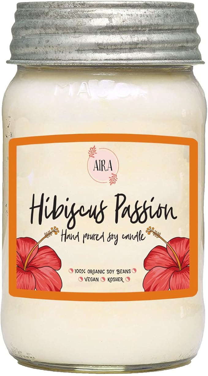 AIRA Soy Candles - Organic, Kosher, Vegan, in Mason Jar w/Therapeutic Grade Essential Oil Blends - Hand-Poured 100% Soy Candle Wax - Paraffin Free, Burns 110+ Hours - Hibiscus Passion -16 Ounces