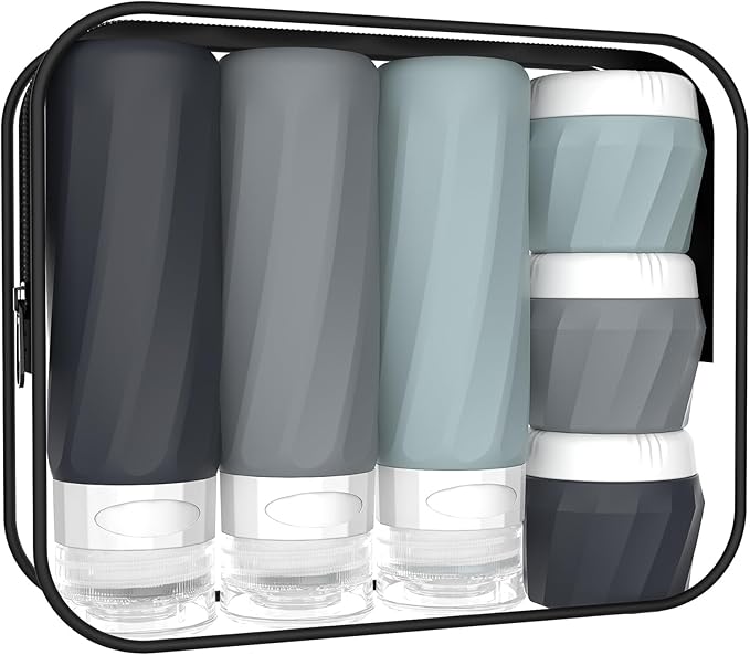 6Pcs Travel Bottles for Toiletries, TSA Approved Travel Size Toiletries Containers Set, BPA-FREE Silicone Leak Proof Refillable Bottles and Jars, Women & Men Airplane Cruise Essentials Kit