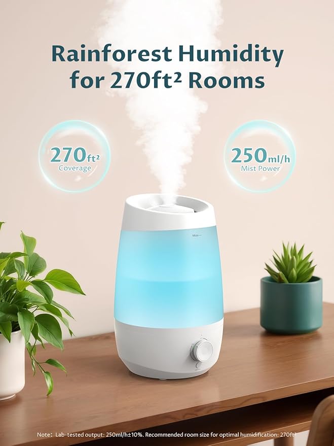 BREEZOME 2.5L Top Fill Humidifiers for Bedroom, 250ml/h Mist Output, 25hrs Humidifiers for Home, 7 Adjustable LED, Essential Oil Diffuser, 25dB Ultrasonic Humidifier for Baby and Indoor Plants, White