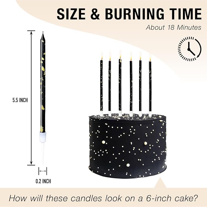 24-Count Black & Gold Birthday Candles, 5.5 Inch Long Thin Cake Candles for Wedding, Celebration, Birthday Party Cake Cupcake Decorations