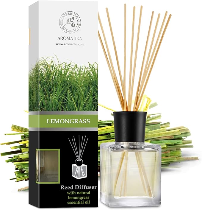 Room Fragrance Diffuser Lemongrass 6.8 Fl Oz - 200ml - with Bamboo Sticks - with Pure & Natural Lemongrass Essential Oil - Intensive Room Scent - Diffuser Gift Set