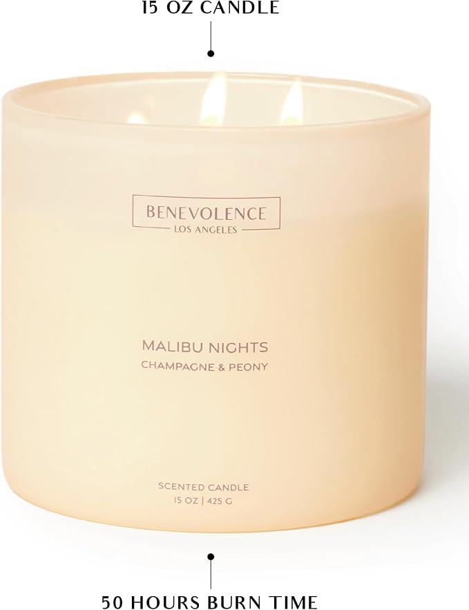 Champagne & Peony – Benevolence LA Large 3-Wick Scented Candle for Home | 15oz, 50-Hour Burn | Natural Soy Wax, Cotton Wicks | Gift Ideas for Women | Malibu Sands Collection