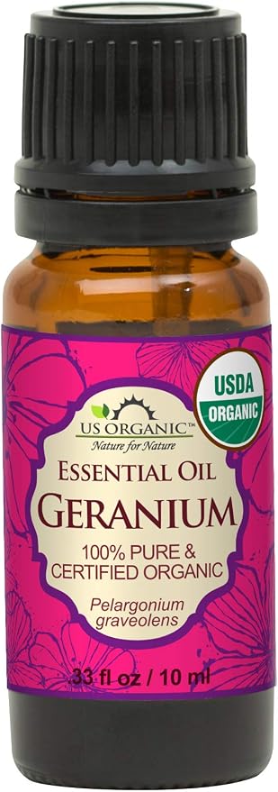 US Organic 100% Pure Geranium Essential Oil - USDA Certified Organic, Steam Distilled - W/Euro droppers (More Size Variations Available) (10 ml / .33 fl oz)