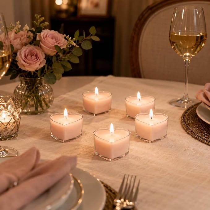 Pink Heart Tea Lights Set of 24, Handmade Tealight Candles with Gardenia Scent, Long Burning Tea Candles, Tealights for Wedding Meditation Home Spa Decor Gift