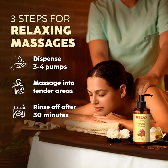 KUKKA Relax Massage Oil - 6.76 fl oz - Lavender Massage Oil for Spa-Like Massages and Deep Body Comfort - Thoughtfully Curated Formula Using Real Ingredients and Botanicals