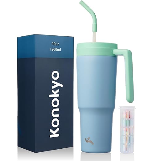Konokyo Insulated Tumbler with Handle and Straw,40 OZ Vacuum Stainless Steel Water Bottle Travel Mug Metal Cup with Fruit Diffuser,Light Blue
