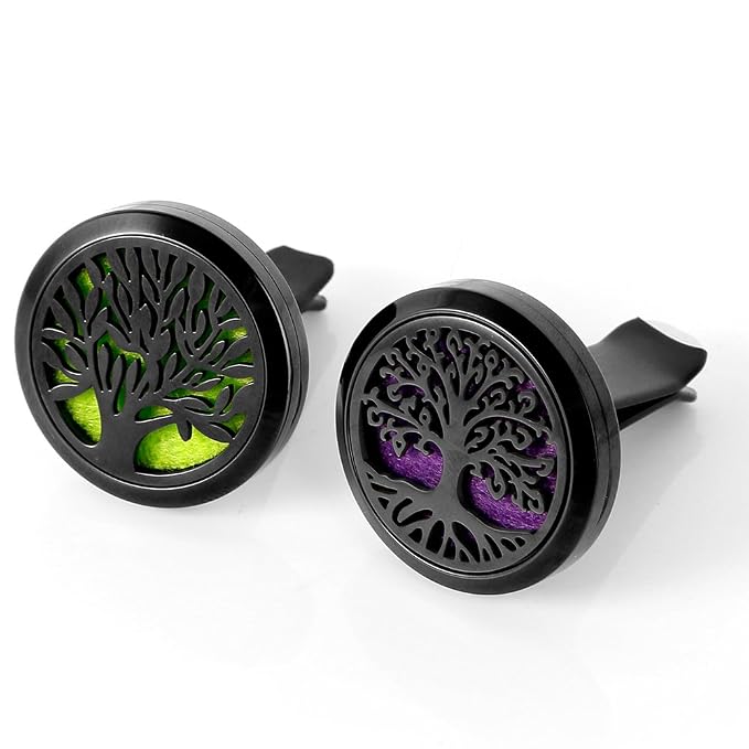 RoyAroma 2PCS Tree of Life Car Diffuser Aromatherapy Essential Oil Black Stainless Steel Locket with Vent Clip 12 Felt Pads