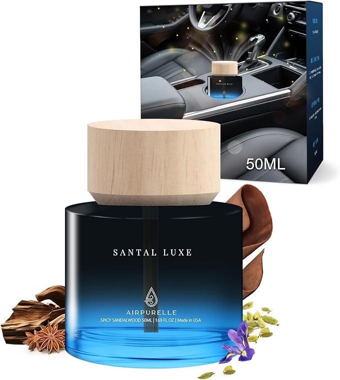 Car Air Freshener 50ML (1.7 FL OZ) Car Air Fresheners Perfume - Spicy Sandalwood Fragrance Oil Air Diffuser for Car, 180+ days Long Lasting Fragrance, Wooden Cup Design Car Fresheners, Made in USA