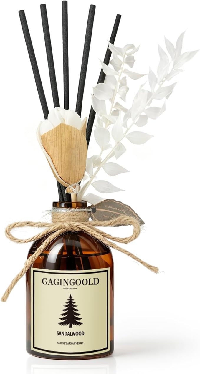 Sandalwood Reed Diffuser Set, Includes 10 Diffuser Sticks & Decorative Flower, Long Lasting Air Freshener for Bedroom Living Room, 5 fl.oz
