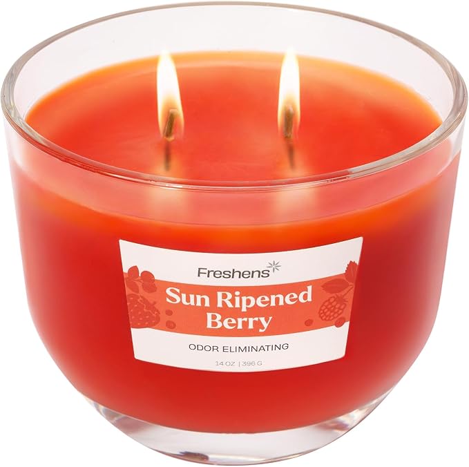 Carolina Freshens Sun Ripened Raspberry Odor Eliminating Highly Fragranced Candle for Home Scented, Eliminates 90% of Pet, Smoke, Food and Other Smells Quickly, 2 Wick, 14 oz - Made in the USA