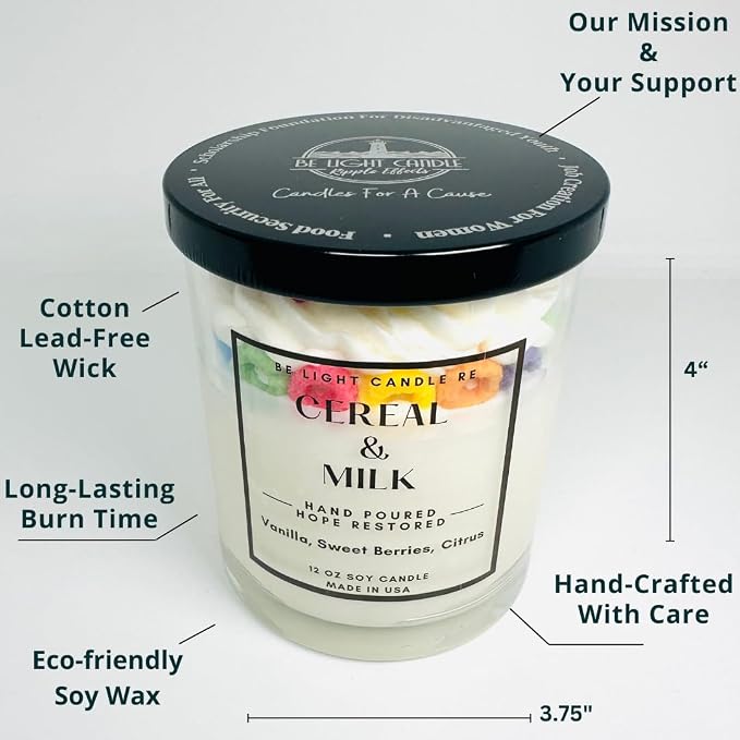 Cereal & Milk Candle | Purpose-Driven Soy Candles | Fun Cute Fruit Loops Candle | Cereal Bowl Food Gift Idea for Friend Birthday Bestfriend Mother's Day | Be Light Candle RE (Cereal & Milk)