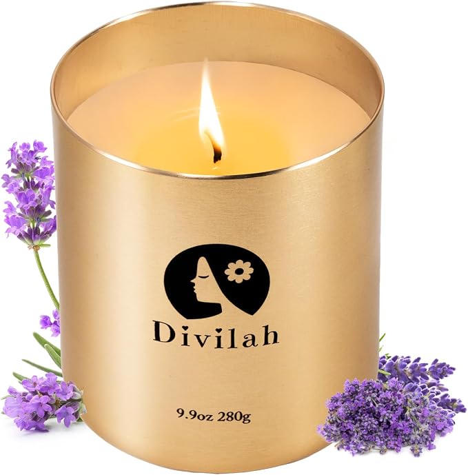 Lavender Scented Candles, 65 Hour Long Lasting Non Toxic Natural Soy Wax in Gold Aluminum Jar, Luxury Large Home Decorative Scented Candle, Relaxing Aromatherapy Gift for Women & Men, 9.9oz