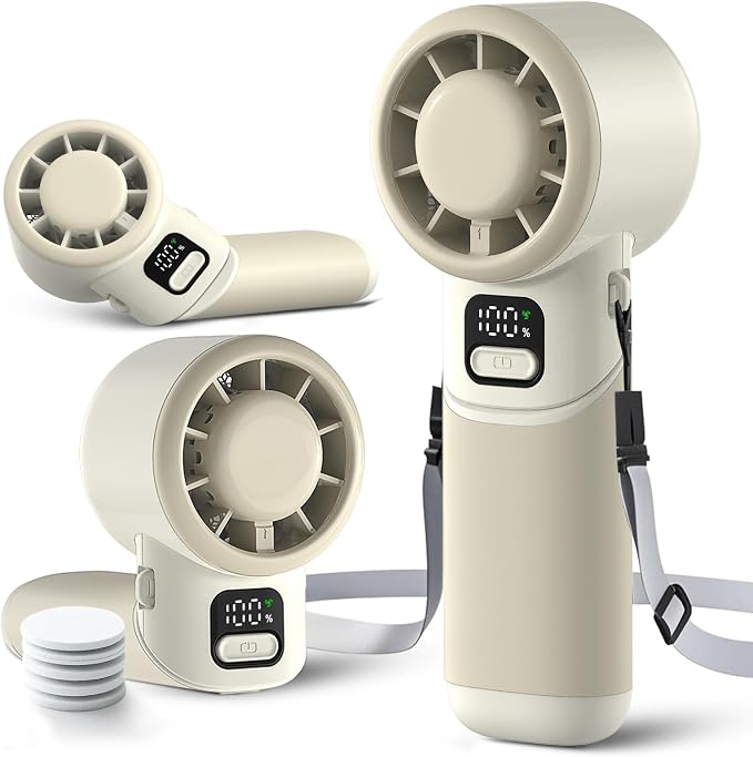 Portable Handheld Turbo Fan, 4000mAh Rechargeable Mini Personal Fan, 5 Speeds, USB-C 90° Adjustable Desk Fan, Aroma Diffuser, Up to 12H Cooling for Travel, Office, Makeup, Beach, Cream Beige
