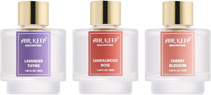 Airkeep Reed Diffuser Set of 3, Lavender Thyme Sandalwood Rose Cherry Blossom Oil Reed Diffusers for Bedroom Living Room Office Aromatherapy Oil Reed Diffuser for Gift 50ml x 3