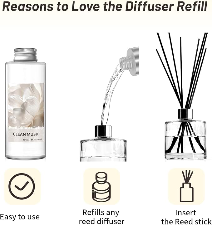 STRN Reed Diffuser Oil Refill, Clean Musk Scented Diffuser Oil Refills with 6 Reed Sticks 200ML(6.8fl.oz), Room Fresheners for Home, Long-Lasting Summer Fragrance for Living Room, Bedroom, Office