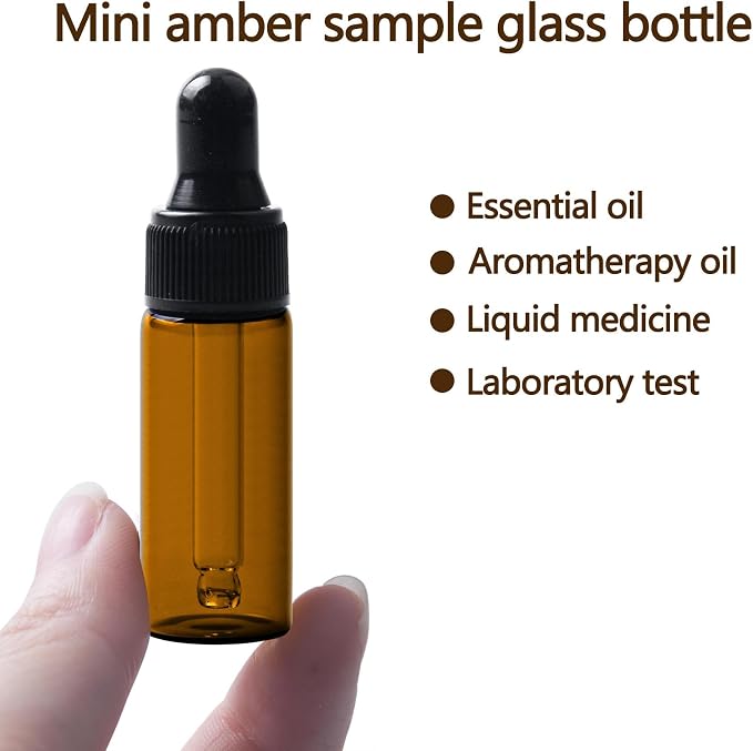 Sample Dropper Bottles, Mini Dropper Bottles with 2 Pcs Plastic Droppers for Traveling Essential Oils DIY Cosmetic Liquid Sample Perfume (Amber, 5ML)