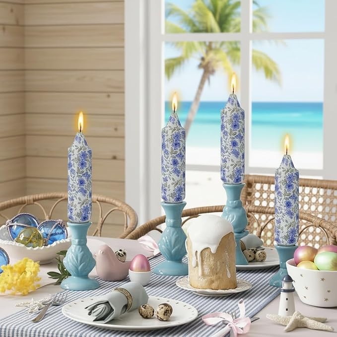 5 inch Short Blue Candle Floral Candle Sticks Printed Candlestick Handmade Unscented Taper Candle 4 Pack Flower Tapered Candles for Blue Home Dinner Wedding Holiday