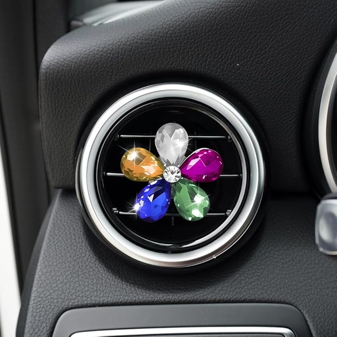 5PCS Bling Daisy Flower Car Air Vent Clips, Car Diffuser Vent Clip, Sparkling Crystal Rhinestone Cute Auto Air Conditioning Clamp, Diamond Air Outlet Clip Decor for Women Girls (Five Colours)