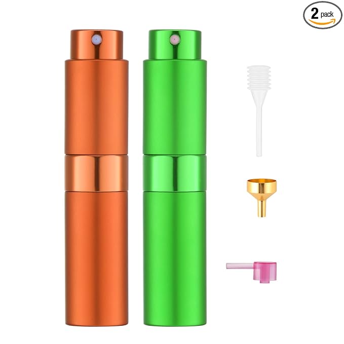 Tekson 8ml Travel Perfume Atomizer Refillable, Mini Cologne Spray Bottle Empty, Small Aftershave Portable Sprayer for Liquid Dispenser (Green&Orange)