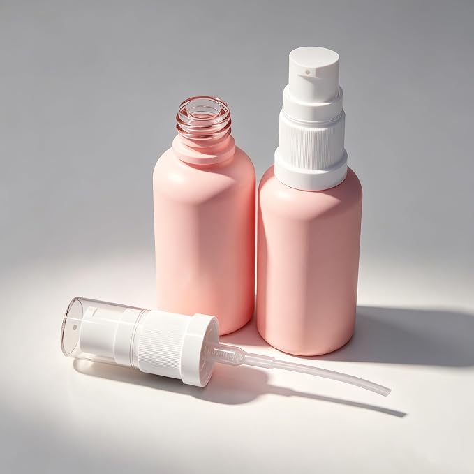 6 Pack Empty Travel Refillable Glass Pump Bottles Dispener 30ml/1oz, Pink Small Cosmetic Containers for Lotion,Cream,Essential Oil,Shampoo,Sercums (30ml Pink 6pcs)