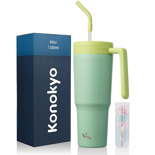 Konokyo Insulated Tumbler with Handle and Straw,40 OZ Vacuum Stainless Steel Water Bottle Travel Mug Metal Cup with Fruit Diffuser,Lime