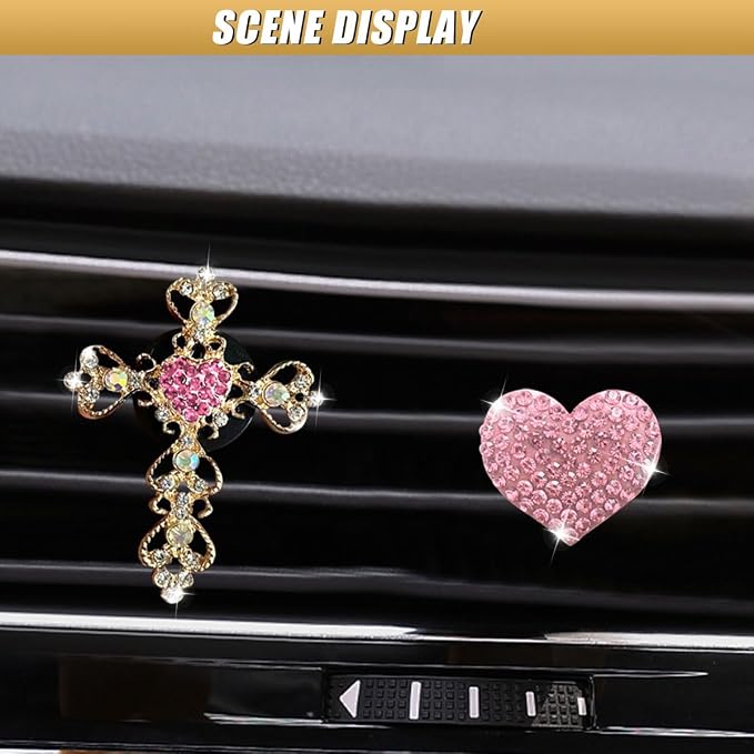 2PCS Bling Cross & Heart Car Dashboard Air Vent Trim Clip, Sparkly Rhinestone Car Air Vent Clips, Diamond Auto Diffuser Charm Clip, Auto Interior Decoration Accessory for Women Girls (Pink)