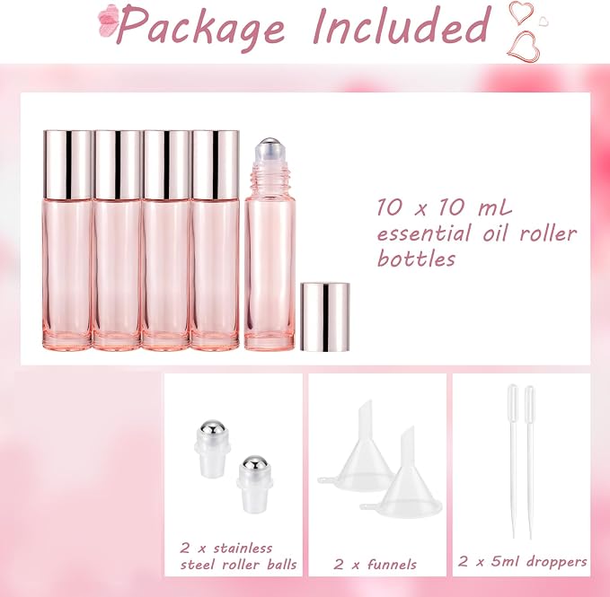 10 Pack 10mL Essential Oil Roller Bottles Empty Glass Roll On Bottles Rose Pink with Stainless Steel Ball Applicator for Perfume Refillable Leak Proof Travel Portable DIY Craft Eye Care Sample