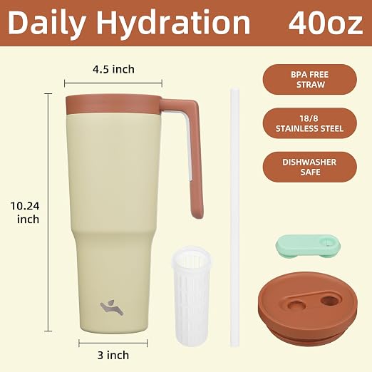 Konokyo Insulated Tumbler with Handle and Straw,40 OZ Vacuum Stainless Steel Water Bottle Travel Mug Metal Cup with Fruit Diffuser,Pistachio