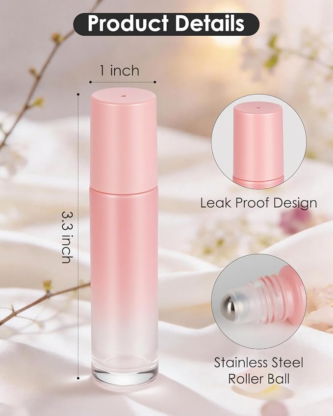Worldgsb 4 Pack Essential Oil Roller Bottles, 10ml Refillable Glass Roller Bottles with Stainless Steel Roller Balls and Caps for Travel, Perfume and Lip Gloss Pink Gradient