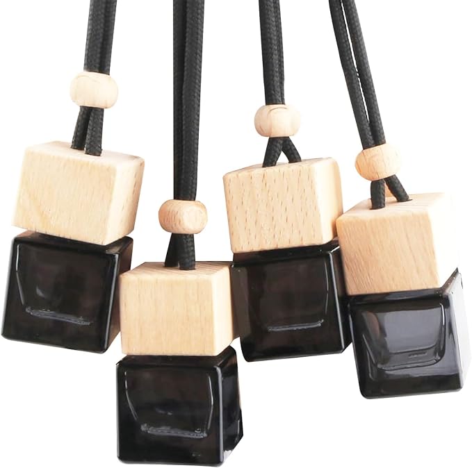 4 Pcs Hanging Car Air Freshener Bottles, Empty Black Glass Diffuser with Essential Oil - Refillable Aromatherapy Pendant for Auto, Home, Office Decor (Square, Cube Shape)