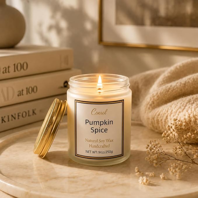 Pumpkin Spice Scented Candles for Home, Natural Soy Wax Candle with Essential Oils, 9oz Amber Jar Aromatherapy Candel, 50H Long & Non-Toxic Burning, Hand Poured, Giftable, Relaxation, Birthday
