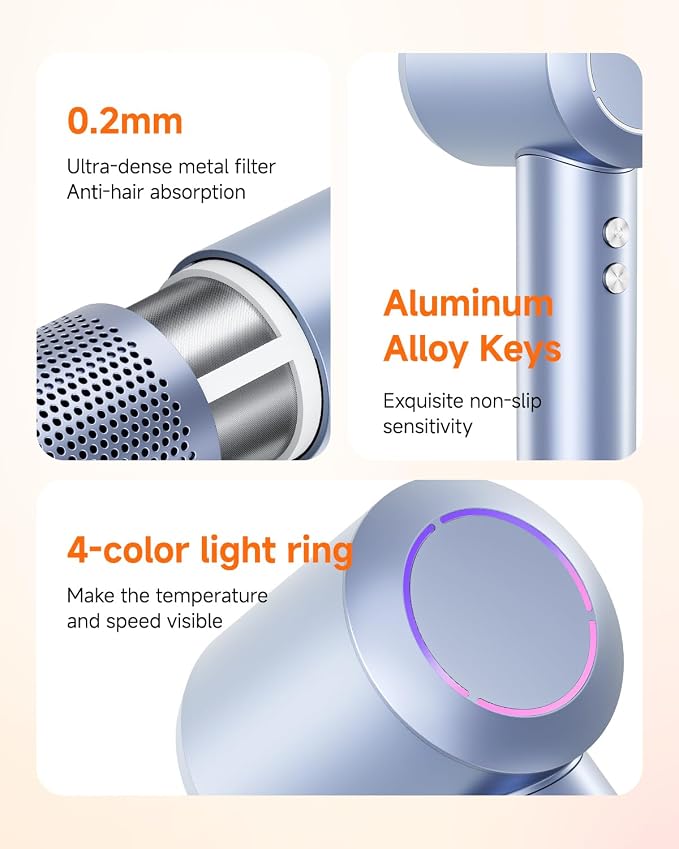 Professional Hair Dryer with Diffuser for Curly Hair, 400M Negative Ionic Blow Dryer for Fast Drying, 120,000 RPM High-Speed Brushless Motor, Low Noise Lightweight, Travel-Friendly (Silver Blue)