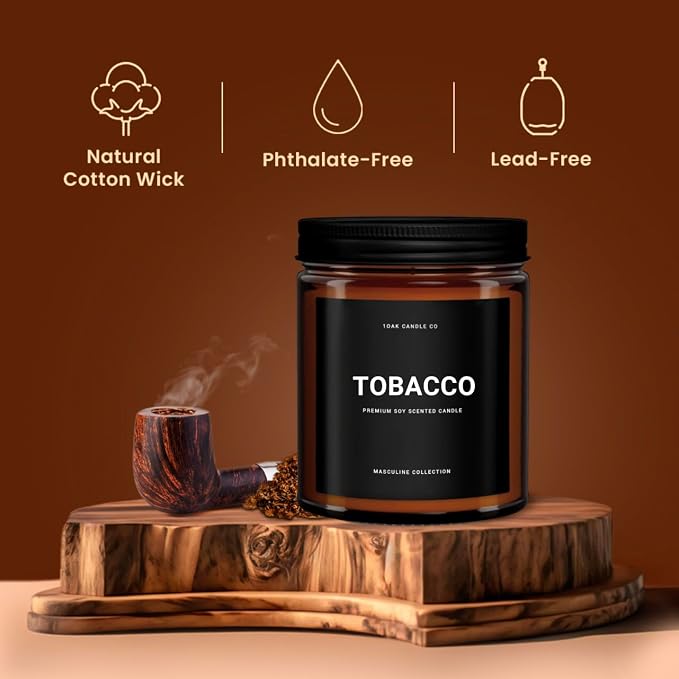 1OAK Tobacco Candle - Black Candle for Men Scented (Tobacco) - Pipe Candles - Cigar Scented Candles - Long Burning Premium - Soy Wax (7oz.)