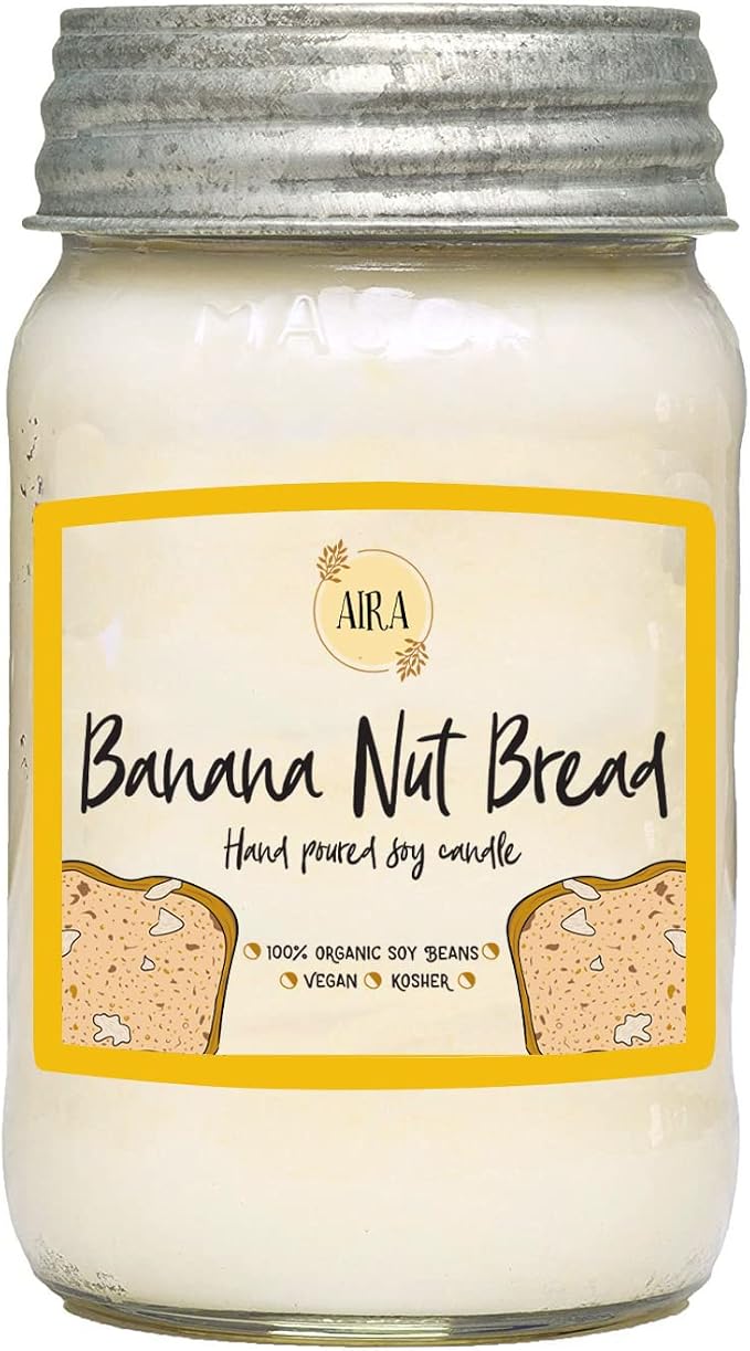 Aira Soy Candles - Organic, Kosher, Vegan, in Mason Jar w/Therapeutic Grade Essential Oil Blends - Hand-Poured 100% Soy Candle Wax - Paraffin Free, Burns 110+ Hours - Banana Nut Bread -16 Ounces