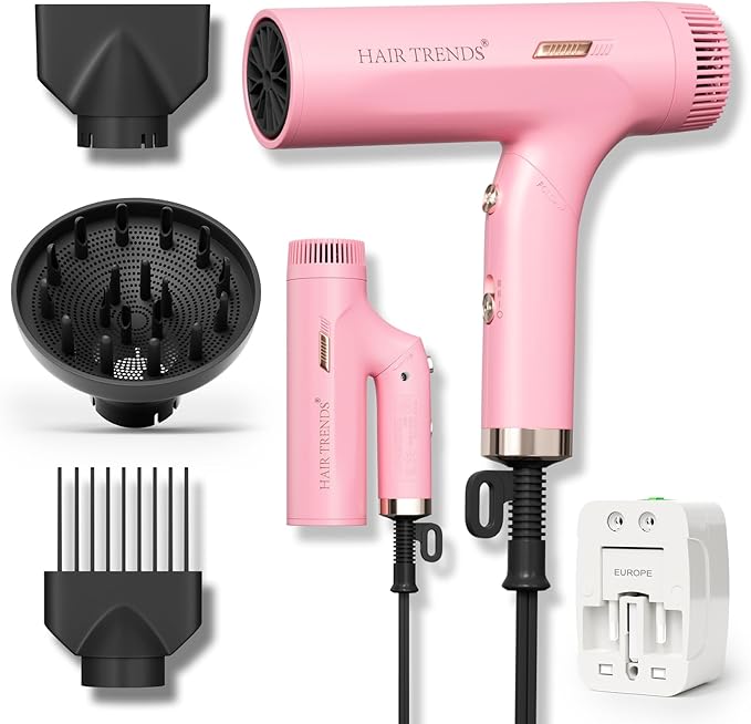 Dual Voltage (110V-240V) Travel Hair Dryer with Diffuser,1200W Foldable Compact Hair Dryer for Women Lightweight, Portable Cruise Essential Pink Blow Dryer for International Trip & Dorm Use