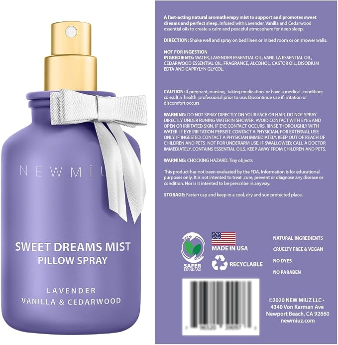 Sweet Dreams Sleep Pillow Spray Lavender Vanilla Cedarwood Essential Oils Aromatherapy Mist Calming Stress Relief Bedtime Shower Spray Self Care Gift