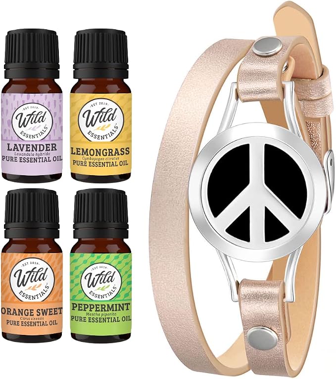 Wild Essentials Peace Sign Essential Oil Leather Wrap Bracelet Diffuser Kit, Gift Set, Lavender, Lemongrass, Peppermint, Orange Oils, 12 Pads, Customizable Color Changing Perfume Jewelry, Aromatherapy