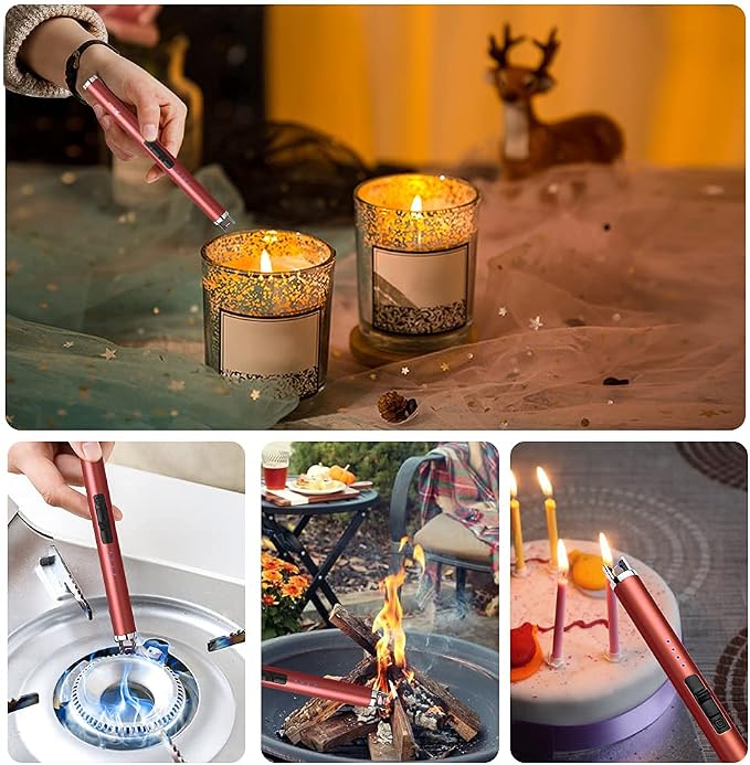 SUPRUS Electric Lighter Candle Type C Rechargeable Lighter with Upgraded LED Battery Display Safety Switch Flameless Plasma Windproof for Candle Cooking BBQs Fireworks Gift(Red)