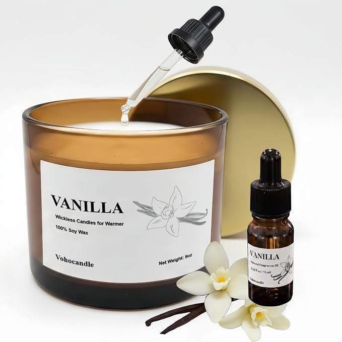 VOHO Vanilla Wickless Candles for Candle Warmer Lamp, 9oz Soy Scented Candles & 10ml Essential Oil for Customizable Strength, Wickless Vanilla Candle for Warmer Lamp Thanksgiving Christmas Women Gifts